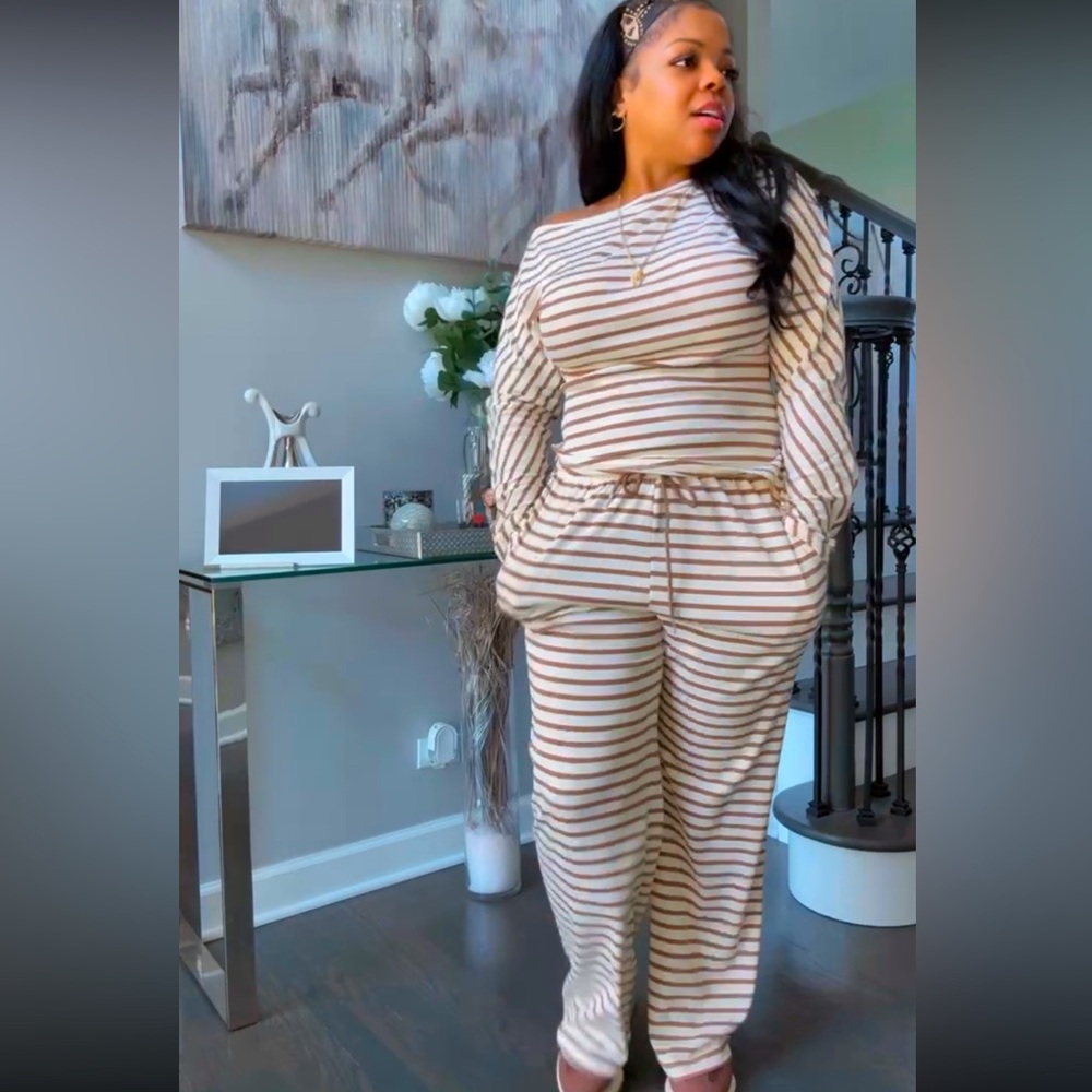 Striped Off-Shoulder Lounge Jumpsuit in Cream and Brown